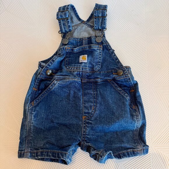 Carhartt Baby Denim Short Overalls Size 3 Months Classic Blue Jean Romper Logo - Picture 1 of 9